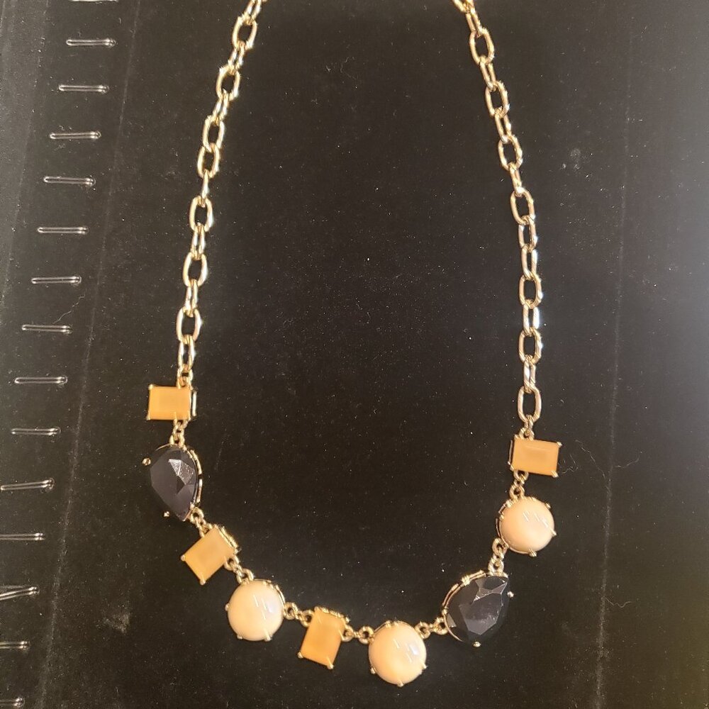 EUC J Crew Gold Tone Faux Pearl Black & Caramel Rhinestone Statement Necklace - Picture 11 of 12